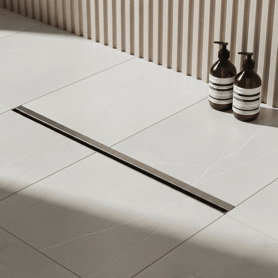 SS 60095 Ultra-Slim Linear Floor Trap (Floor Drain) · Matte Black Lifestyle - Lavastone
